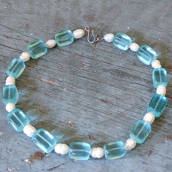 Y2K Freshwater Pearls Aquamarine Quartz Necklace New Handmade - Picture 1 of 4